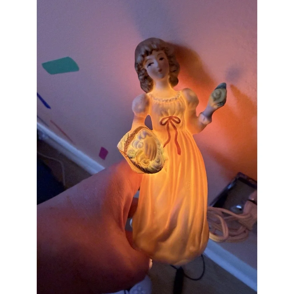 I W Rice & Co Porcelain Girl Holding Basket of Flowers Electric Nightlight Works